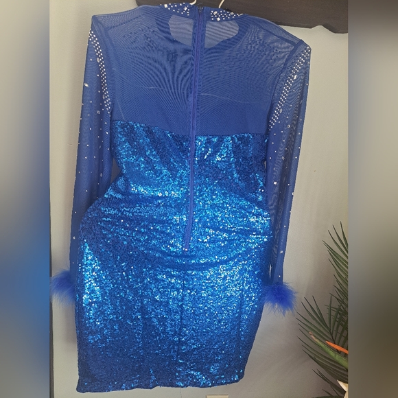 Sequin Mesh Long Sleeves Paillette Beaded Bodycon Blue Nightclub Dress Sz M #NEW - Picture 9 of 10